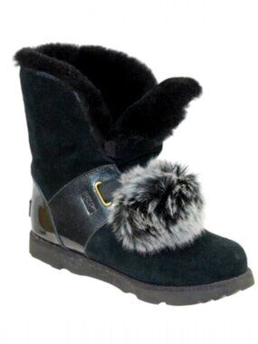 UGG Isley Shearling Lined Pom-Pom Black Shimmer Slip-On Tall Ankle Boot, Size 5